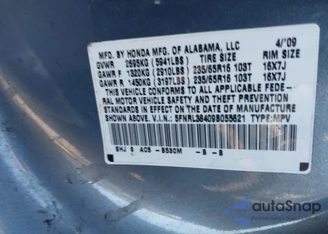 2009 Honda Odyssey Ex из США, поврежденный, VIN 5FNRL38409B055621